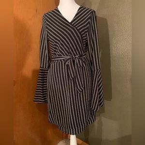 New Rue 21 navy & white stripe wrap dress with v-neck and long trumpet sleeves